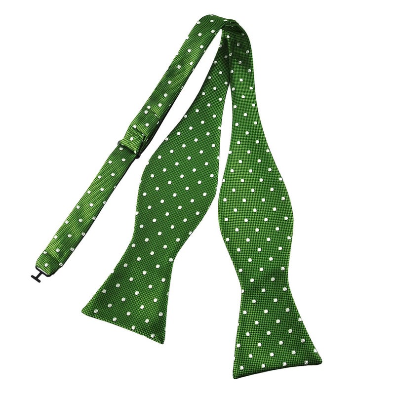 PenSee Mens Self Bow Tie Green and White Polka Dot Silk Bow Ties - Image 1